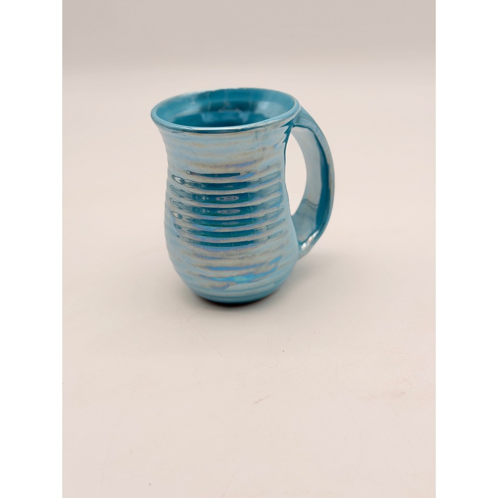 Blue Iridescent Ribbed Ceramic Studio Pottery Coffee Mug Artisan Luster Glaze